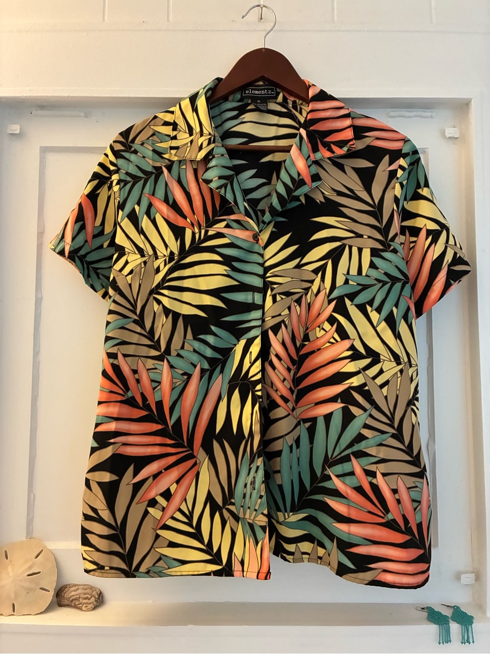 Elementz XLBlack Tropical Leaf Print Short Sleeve Shirt - Green/Coral/Yellow/Tan